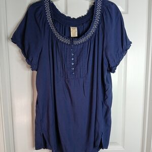 Vintage Faded Glory Milkmaid Peasant Blouse Blue Lightweight SmockedTop 1X